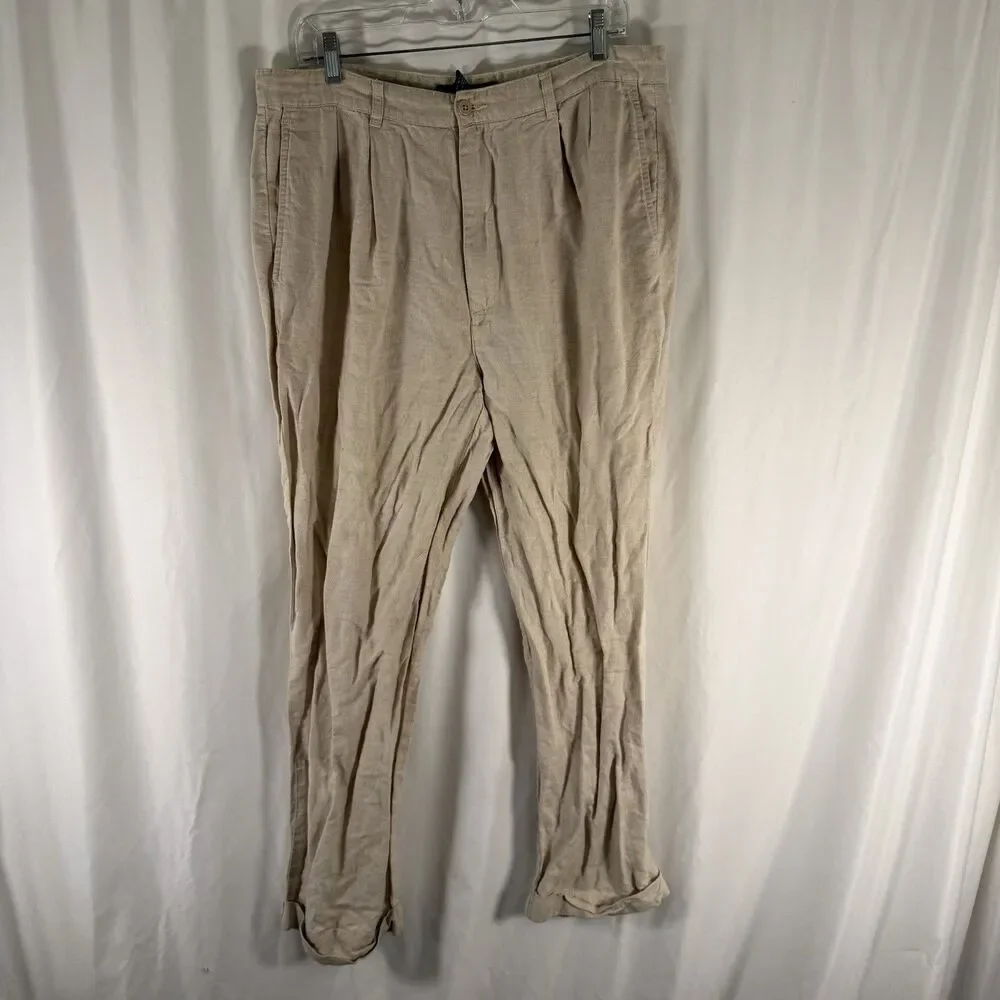 Tommy Hilfiger Linen Blend Pants Men's 36x30 Beige Pleated Slash Pockets